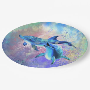 Prato De Papel Casal De Golfinho - Adicione Sua Imagem / Texto