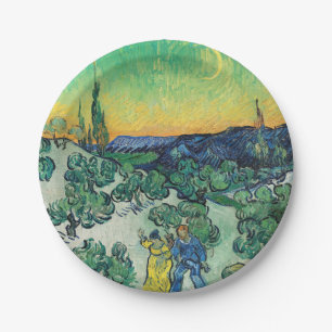Prato De Papel Casal Romântico de Van Gogh Caminhando sob a Lua