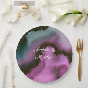 Prato De Papel Casamento Abstrato Roxo e Turquesa Mal-humorado