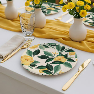 Prato De Papel Casamento Amarelo Elegante de Árvore Floral de Fl