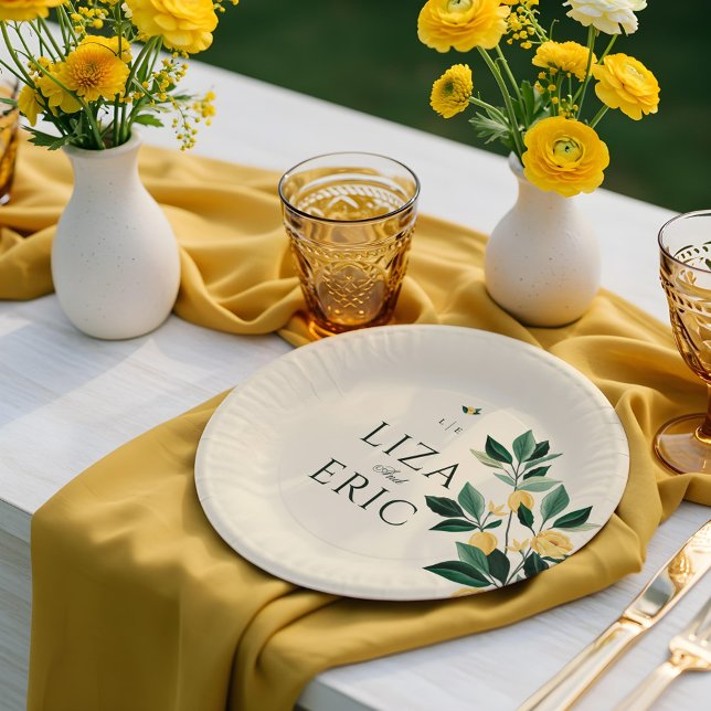 Prato De Papel Casamento Amarelo Elegante de Árvore Floral do Lem (Lemon Blossom Floral Tree Elegant Yellow Wedding Paper Plates)