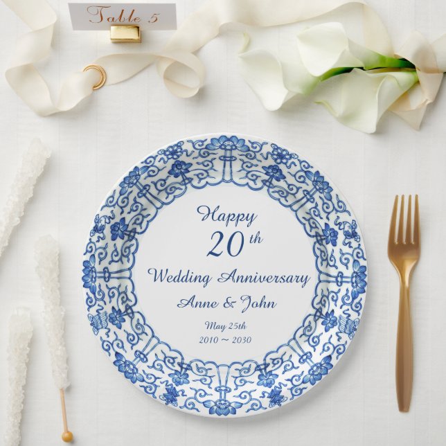 Prato De Papel Casamento Aniversário Azul Asiático - Placa de Pap (Casamento)