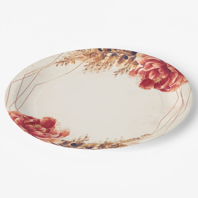 Prato De Papel Casamento Aquarela Outono Floral Quente (Inclinado)