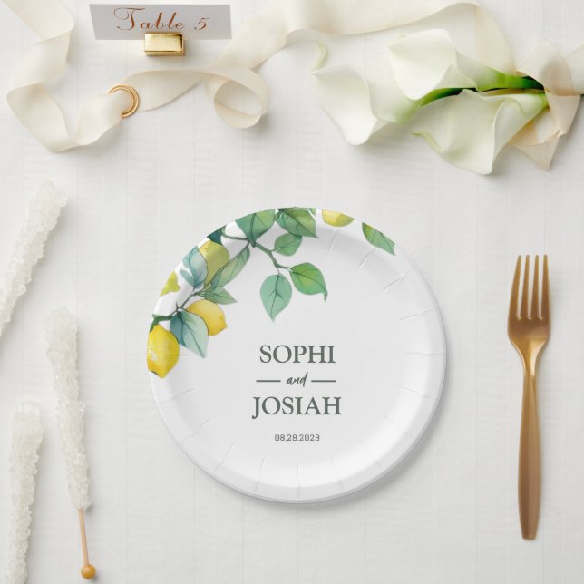 Prato De Papel Casamento azul-branco-limão floral elegante (Casamento)