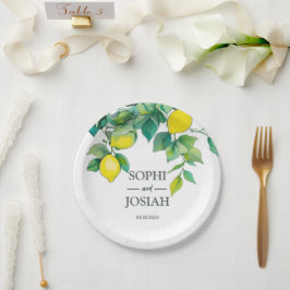 Prato De Papel Casamento azul-branco-limão floral elegante