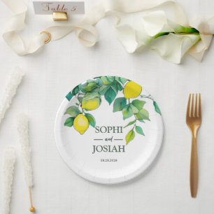 Prato De Papel Casamento azul-branco-limão floral elegante