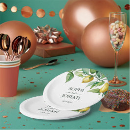 Prato De Papel Casamento azul-branco-limão floral elegante