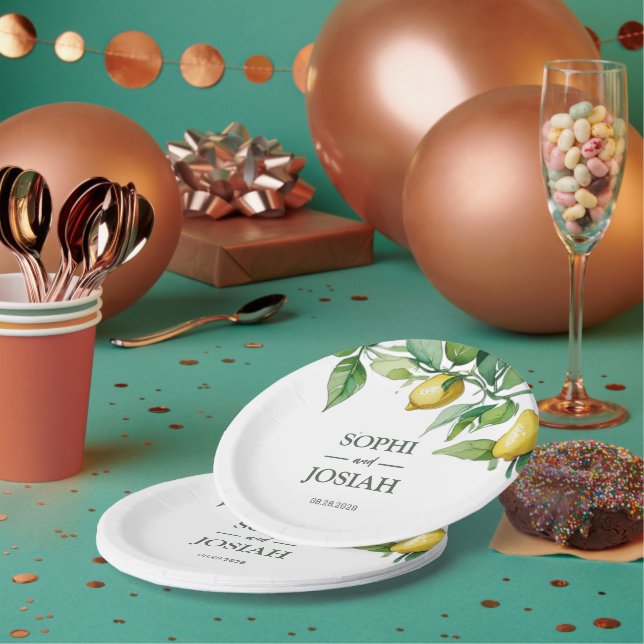 Prato De Papel Casamento azul-branco-limão floral elegante (Múltiplo)