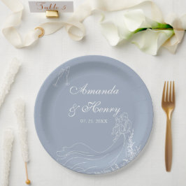 Prato De Papel Casamento Azul Dusty com Casal Desenhado à Mão Ele