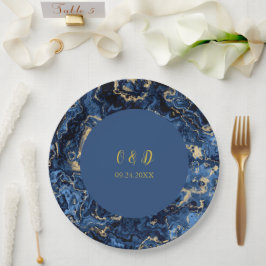 Prato De Papel Casamento Azul E Dourado Marble Elegante