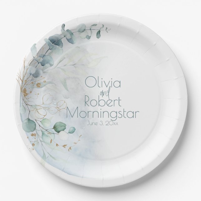 Prato De Papel Casamento | Azul poeirento sobre a lua apaixonada (Frente)