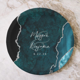 Prato De Papel Casamento Azul Turquesa Ágata Prata Script