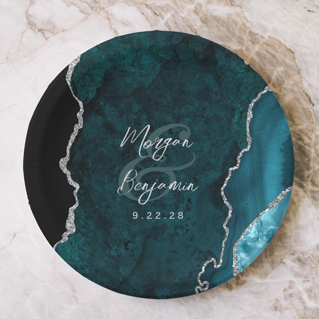Prato De Papel Casamento Azul Turquesa Ágata Prata Script (Criador carregado)
