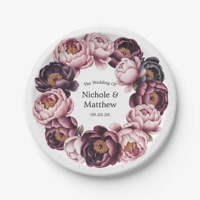 Prato De Papel Casamento Blush and Plum Peony Wreath (Frente)