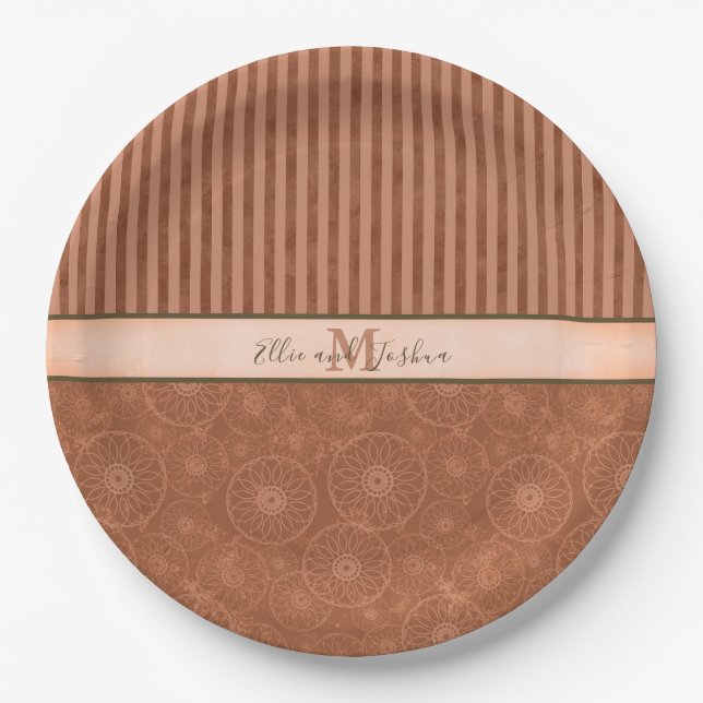 Prato De Papel Casamento Boho Orange & Brown Geométrico Stripe (Frente)