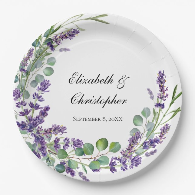 Prato De Papel Casamento Boho Personalizado Lavanda Eucalipto (Frente)