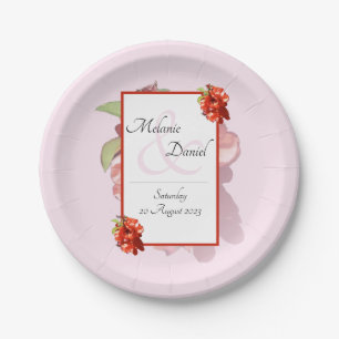 Prato De Papel Casamento bonito com Flores Rosa-Rosa-Cinza