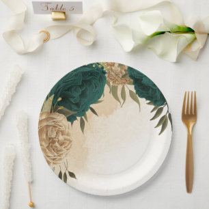Prato De Papel Casamento botânico de ouro verde-esmeralda