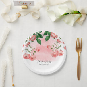 Prato De Papel Casamento Botânico Floral Rosa-Rosa de Vintage