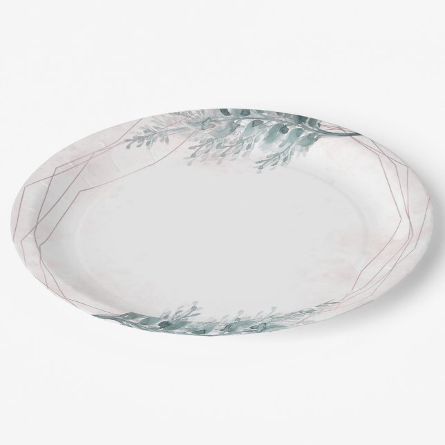 Prato De Papel Casamento Botânico Geométrico em Aquarela Rosa Cor (Inclinado)