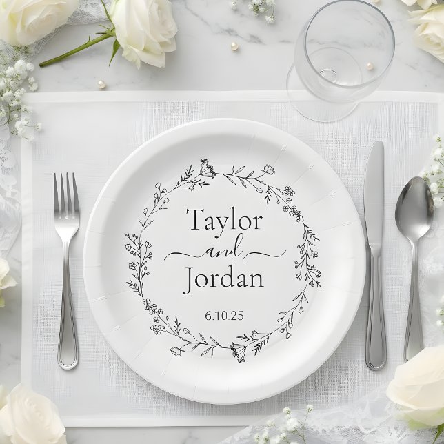 Prato De Papel Casamento Botânico Moderno Floral | Minimalista (Criador carregado)