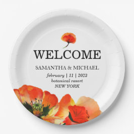 Prato De Papel Casamento Branco Vermelho de Flor Poppy