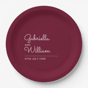 Prato De Papel Casamento Burgundy com Script Simples e Elegante