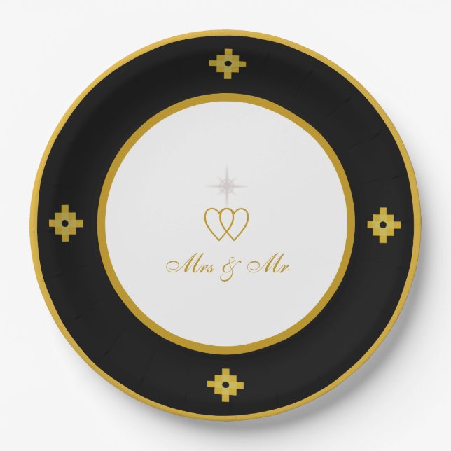 Prato De Papel Casamento Chic Dourado Preto e Branco (Frente)