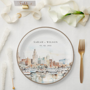 Prato De Papel Casamento Chic Tampa Florida Skyline Watercolor