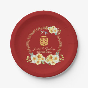 Prato De Papel Casamento chinês de pássaro floral vermelho