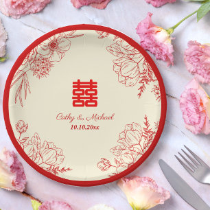 Prato De Papel Casamento chinês vermelho bege floral oriental