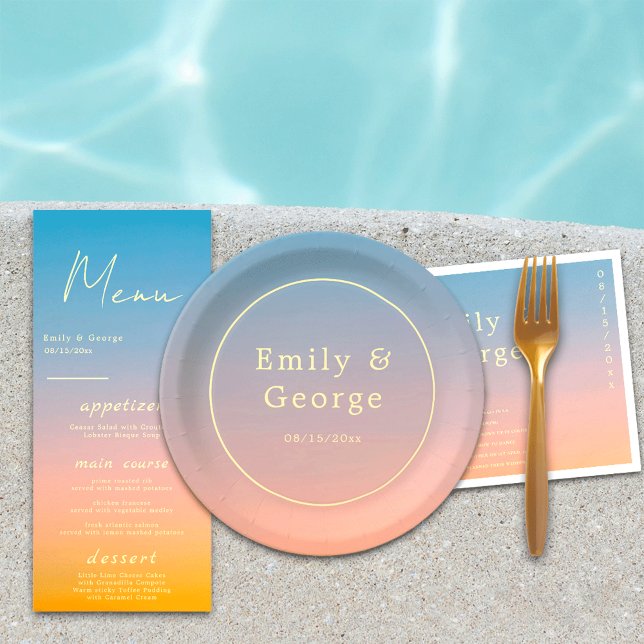 Prato De Papel Casamento Clássico Azul-Laranja Moderno Elegante (Criador carregado)