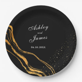 Prato De Papel Casamento Clássico Negro e Dourado