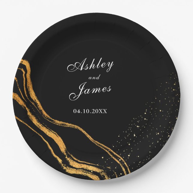 Prato De Papel Casamento Clássico Negro e Dourado (Frente)
