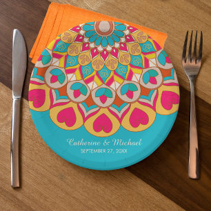 Prato De Papel Casamento Colorido de Mandala Bold & Bright