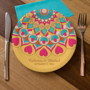 Prato De Papel Casamento Colorido de Mandala Bold & Bright