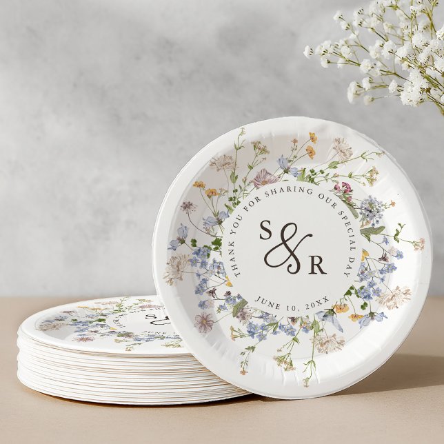 Prato De Papel Casamento Colorido de Primavera Wildflower Meadow  (Colorful Spring Wildflower Meadow Garden Wedding Paper Plates)