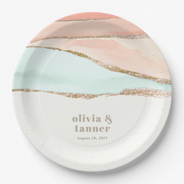 Prato De Papel Casamento com Abstrato de Aquarela Artística Coste (Frente)