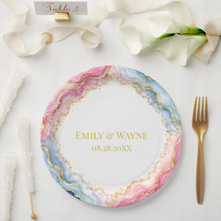 Prato De Papel Casamento com Ágata Rosa Azul Dourada