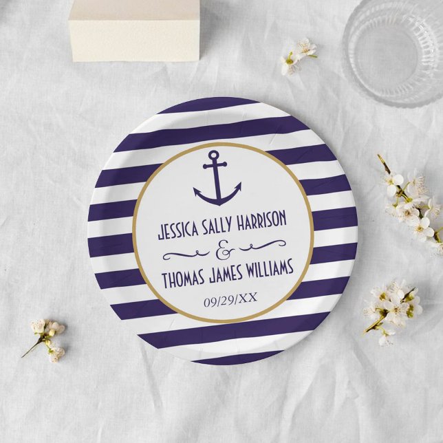 Prato De Papel Casamento com Âncora Marinho e Stripe Branca (Criador carregado)