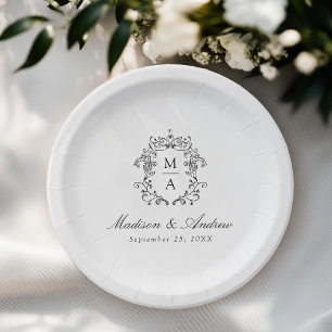 Prato De Papel Casamento com Brasão Monograma Chinoiserie Preto E