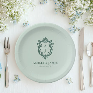 Prato De Papel Casamento com Brasão Ornate Vintage Verde
