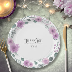 Prato De Papel Casamento com Buquê de Watercolor Obrigado Lilac