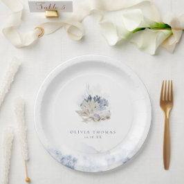 Prato De Papel Casamento com coral de aquarela azul e conchas