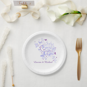Prato De Papel Casamento com espirais da borboleta azul-roxa