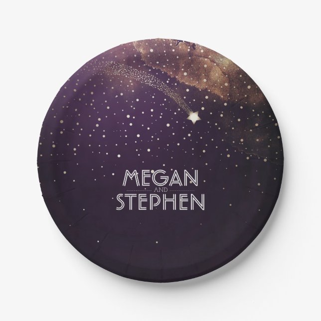 Prato De Papel Casamento com Estrelas de Tiro e Dourado (Frente)