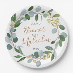 Prato De Papel Casamento com eucalipto, água-verde