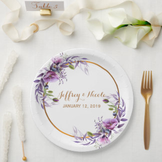 Prato De Papel Casamento com Flor de Aquarela com Lavanda Violeta