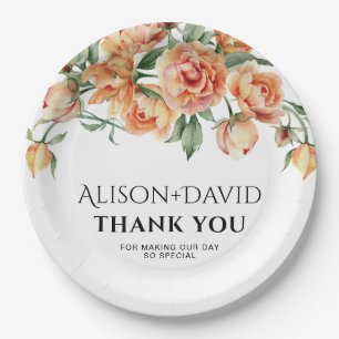 Prato De Papel Casamento com flores de pêssego e tipografia