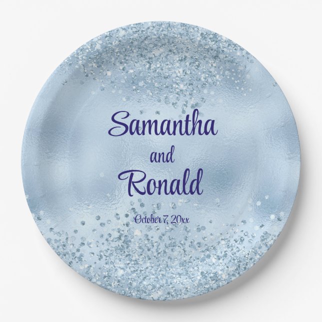 Prato De Papel Casamento com folhas azuis e folhas (Frente)